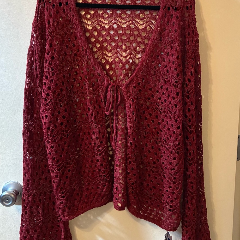 NWT Cider Crochet Open-Knit Tie-Front Cardigan Bell Sleeve Burgundy 1XL Boho